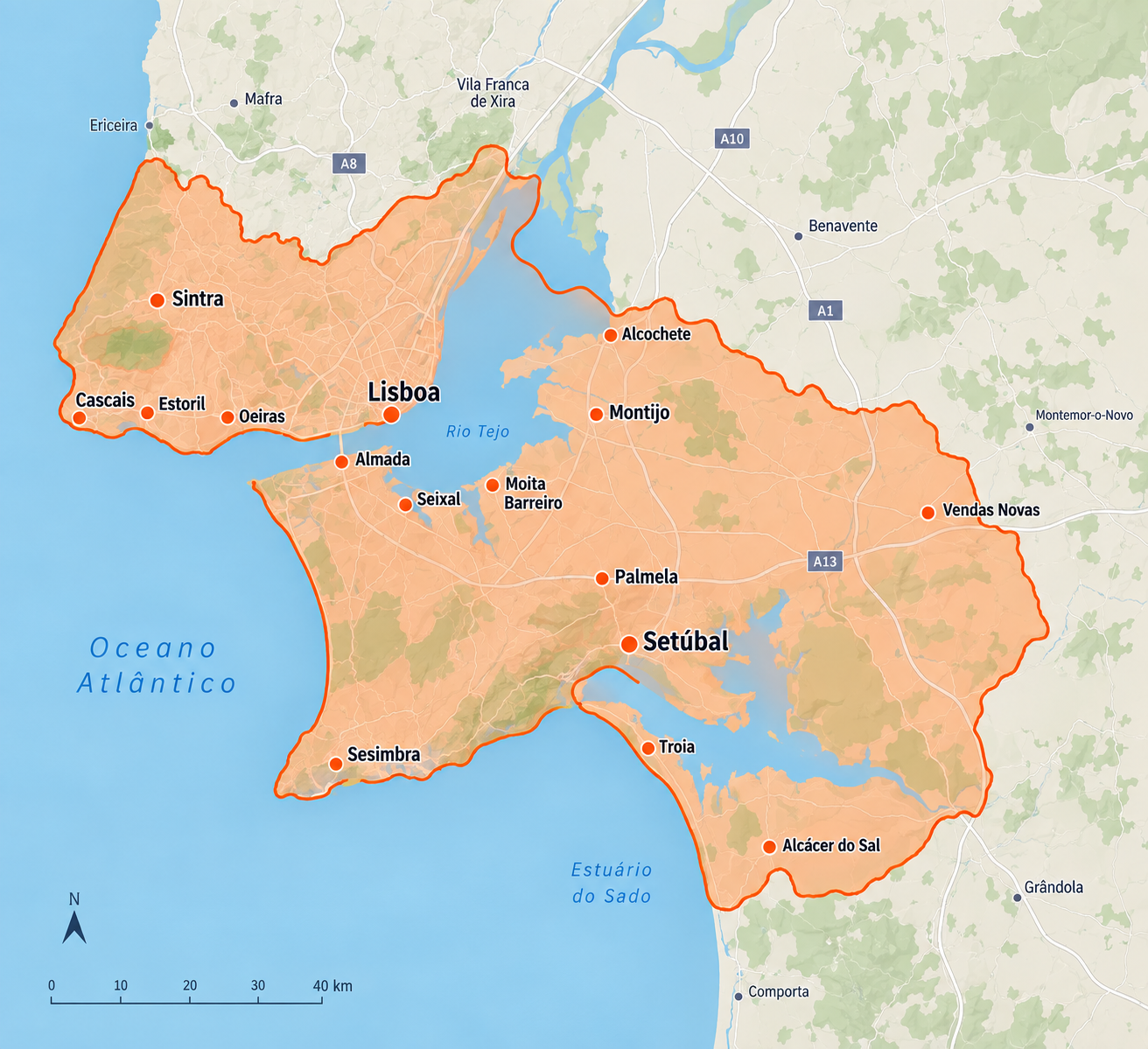 Mapa da zona de intervenção da TecHome: Grande Lisboa e península de Setúbal